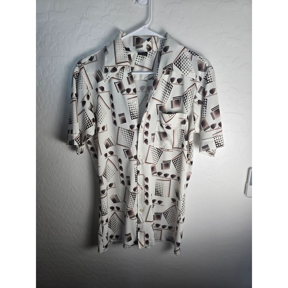 Vintage‎ Joel Cal Made White Geometric Print Short Sleeve Button Up Shirt Size M